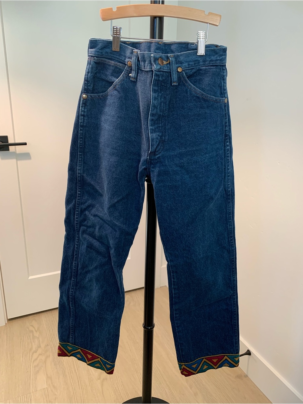 Women’s Dark Blue Denim Jeans with Patterned Hem